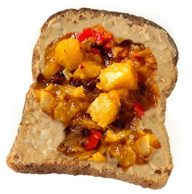 Macadamia nut butter and whole grain toast with mango chutney.