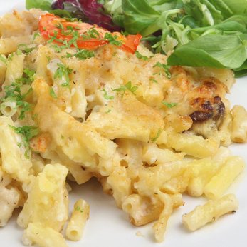 Mac and cheese with mustard and bread crumbs.