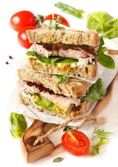 Whole grain bread sandwich with stone ground mustard.