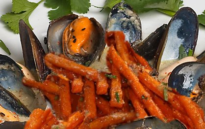 Sweet potatoes and green curry mussels.