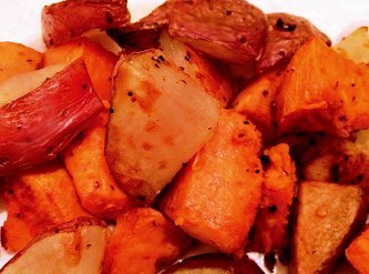 Roasted sweet potatoes and red potatoes.